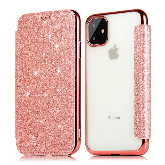 Luxury Glitter Leather Flip Wallet Case For iPhone 12 11 Pro XS Max XR X 7 8 Plus 6s Plus 5 5S SE2020 Clear Bling Back TPU Case