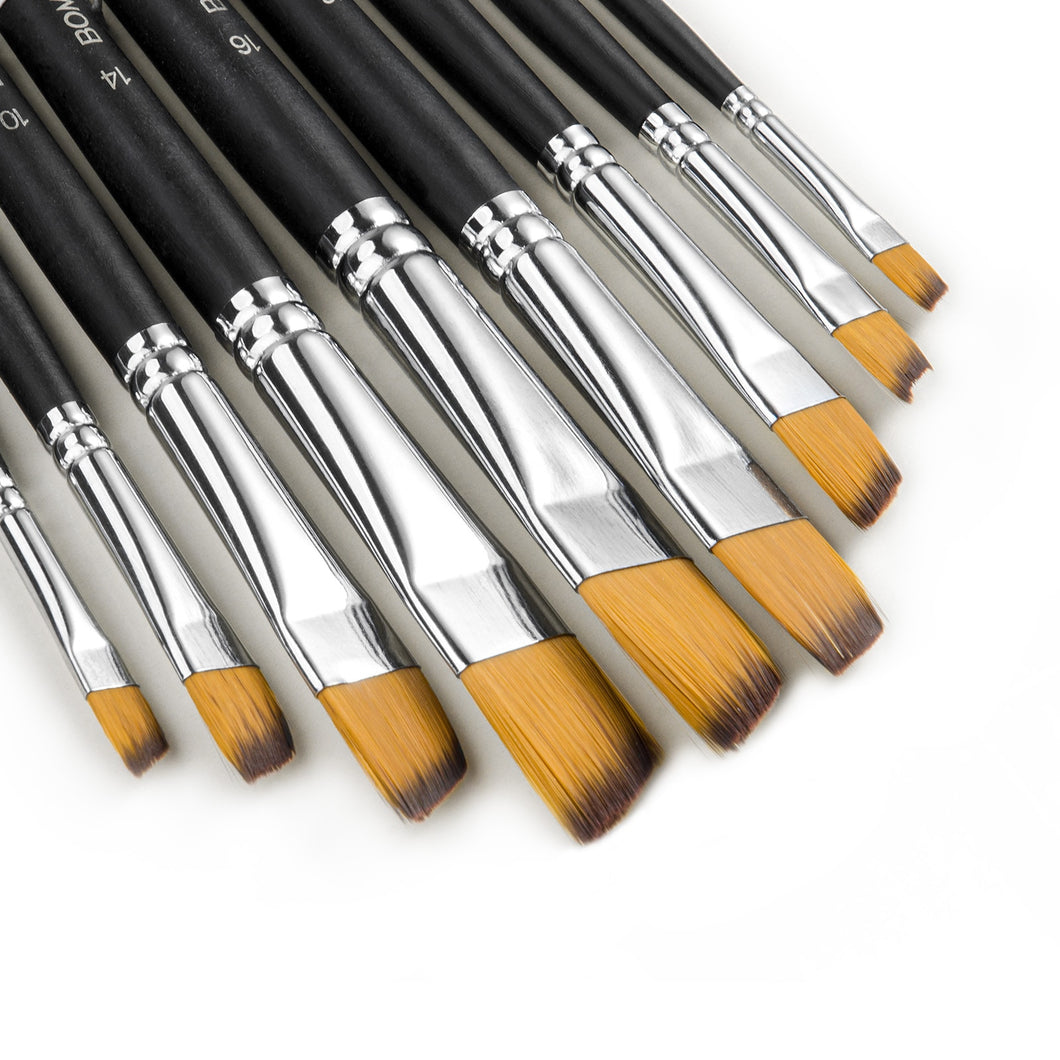 Oblique 9 Pieces Long Handle Flat Art Paint Brush Value Set for Oils, Acrylic, Gouache & Watercolor Painting
