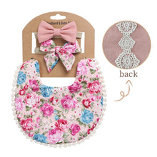 Load image into Gallery viewer, 3Pcs Baby Headband Tassel Saliva Towel Floral Print Newborn Double Side Bibs Boys Girls Bandana Burp Cloths Feeding Smock Stuff