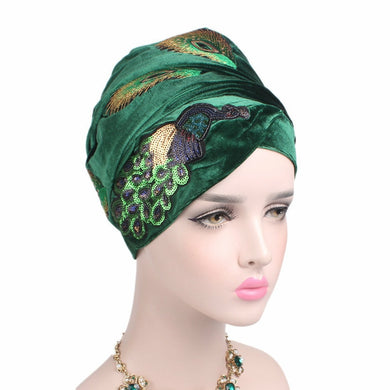 2020 Velvet Hijab Head Scarf For Women Sequins Peacock Turban Hat Muslim Headscarf Ladies African Wrap Head Scarves Turbante