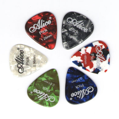 ALICE 6Pcs Celluloid Guitar Picks Mediator Thickness 0.46 0.71 0.81 0.96 1.20 1.50 mm - Color Random