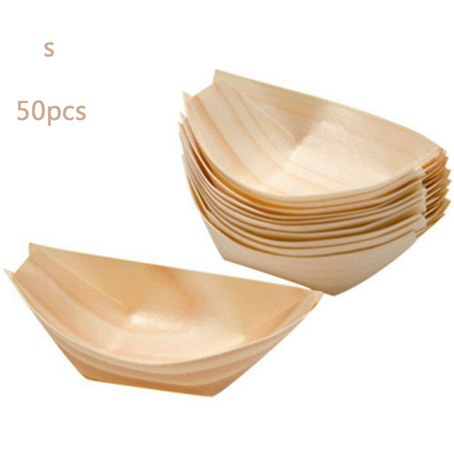 50pcs Pine Wood Serving Boat Disposable Food Tray For Home Catering Tool
