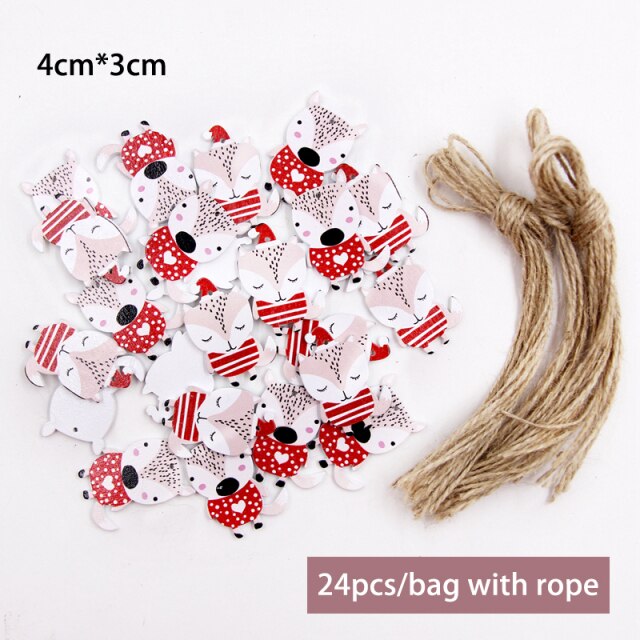 24PCS Cartoon Squirrel Wooden Supplies With Rope Wood Pendants For Christmas Party Xmas Tree Ornaments Kids Gifts Decorations