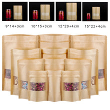 Load image into Gallery viewer, 100 Pcs Packaging Zip Kraft Paper Window Bag Stand Up Gift Dried Food Fruit Tea Packaging Pouches Zipper Self Sealing Bags