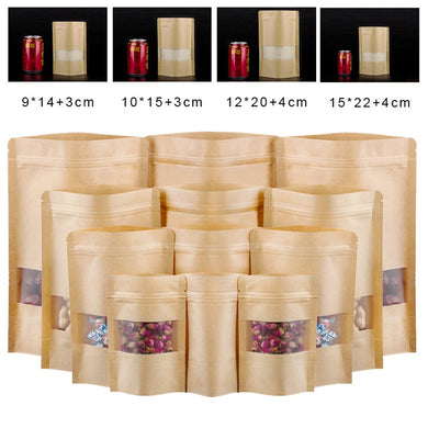 100 Pcs Packaging Zip Kraft Paper Window Bag Stand Up Gift Dried Food Fruit Tea Packaging Pouches Zipper Self Sealing Bags
