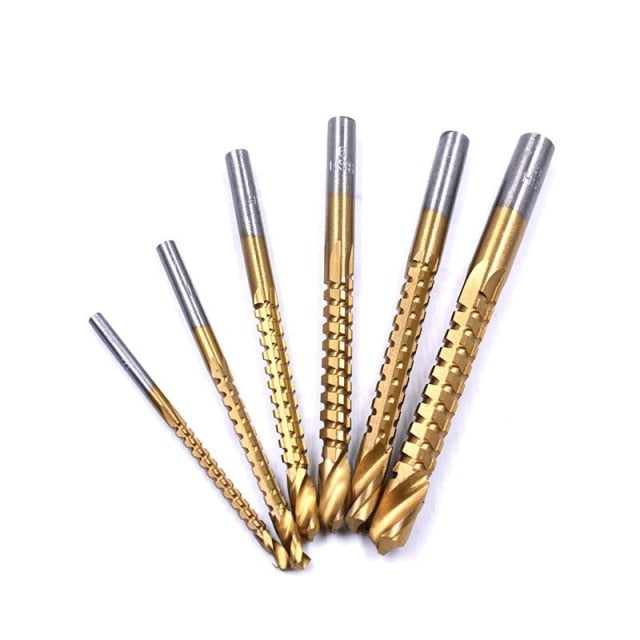 6Pcs/set Serrated Twist Drill High Speed Steel Round Shank Metric Compound Tap Drill Bit Drill Set Woodworking Tools