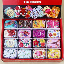 Load image into Gallery viewer, 12Pieces/Lot Portable Mini Metal Tin Box Multiple Pattern Printing Mac Makeup Jewelry Pill Storage Box With Lid Gift Packing Box