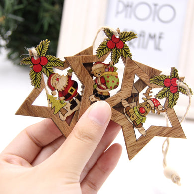 4PCS Star Printed Wooden Pendants Ornaments Xmas Tree Ornament DIY Wood Crafts Kids Gift for Home Christmas Party Decorations