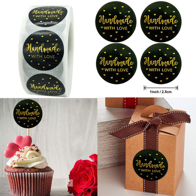 500pcs 1 Inch Round Handmade with Love  Sticker Foil Gold Gift Box Cake Boxes Baking Packaging Sealing Label