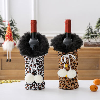 Christmas Ball Fur Collar Bottle Cover Desktop Table Leopard Champagne Wine Gift Box Decorations Arrangement Products