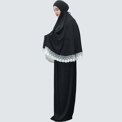 (FR) Lace Trim Two-piece Prayer Outfit Islamic Muslim Set Long Khimar and Skirt Jilbab