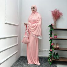 Load image into Gallery viewer, (FR) Lace Trim Two-piece Prayer Outfit Islamic Muslim Set Long Khimar and Skirt Jilbab