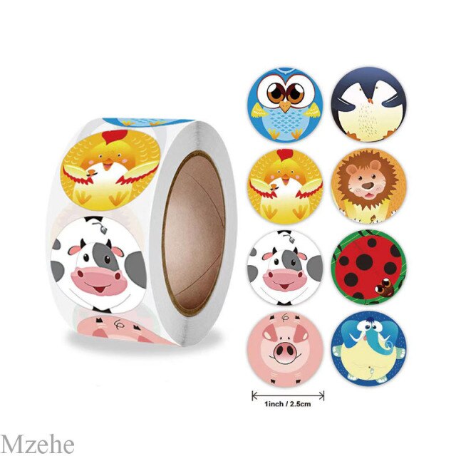 50-500pcs 1inch Round Cartoon Toys Animal stickers for kids Teacher Reward Encourage Sticker Office Stationery for children