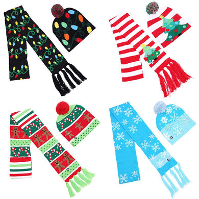 Christmas Ornament for Adults and Children Christmas LED Knitted Hats with Light Scarf  Multicolor Luminous Hats with Hair Ball