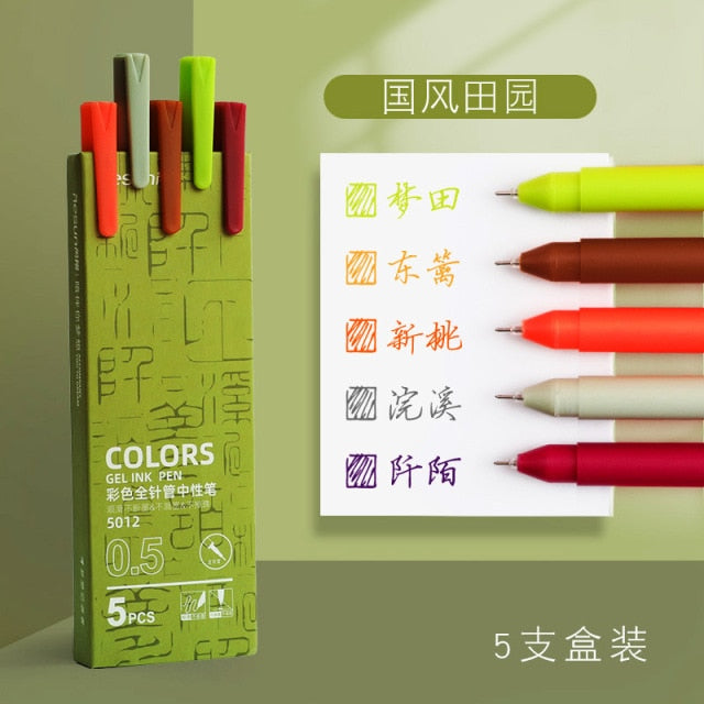 5Pcs/Box Retro Kawaii Colored Gel Pen Set 0.5mm Fine Point Ballpoint Pens Writing Student School Pens Office Supplies Stationery