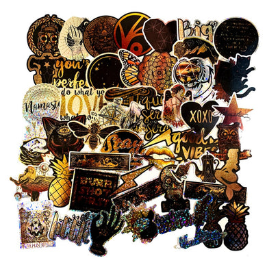 50pcs Lacer Black Gold Stickers For Stationery Notebooks Helmet Scrapbooking Vintage Adesivos Flash Stickers Craft Supplies