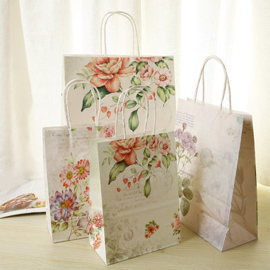10pcs Retail Vintage Flower Kraft Paper Bags Christmas Festival Party 25*18*10cm Gift Bags with Handles