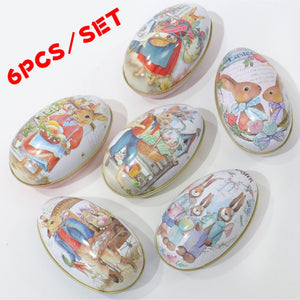 6 Pieces Easter Bunny Dress Printing Alloy Metal Trinket Tin Easter Eggs Shaped Candy Box Tinplate Case Party Decoration