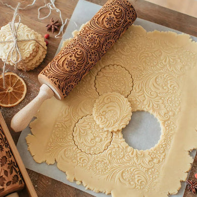 Christmas Flower Snowflake Pattern Rolling Pin Flower Embossed Wooden Rolling Pin Laser Engraving Flower Print Baking Accessorie