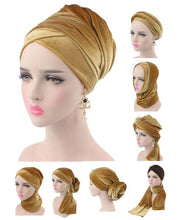 Load image into Gallery viewer, NEW Luxury pleated velvet magic Turban hijab Head Wrap Extra Long tube indian Headwrap Scarf Tie