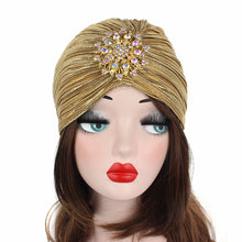 Load image into Gallery viewer, (FR) 1920s Women&#39;s Ruffle Turban Hat Glitter Pleated Stretch Head Wraps Chemo Cap with Detachable Crystal Brooch