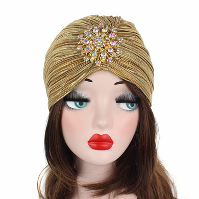 (FR) 1920s Women's Ruffle Turban Hat Glitter Pleated Stretch Head Wraps Chemo Cap with Detachable Crystal Brooch