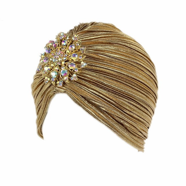 (FR) 1920s Women's Ruffle Turban Hat Glitter Pleated Stretch Head Wraps Chemo Cap with Detachable Crystal Brooch