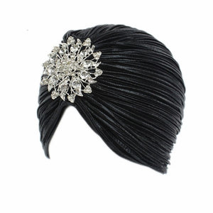 (FR) 1920s Women's Ruffle Turban Hat Glitter Pleated Stretch Head Wraps Chemo Cap with Detachable Crystal Brooch