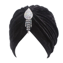 Load image into Gallery viewer, (FR) 1920s Women&#39;s Ruffle Turban Hat Glitter Pleated Stretch Head Wraps Chemo Cap with Detachable Crystal Brooch