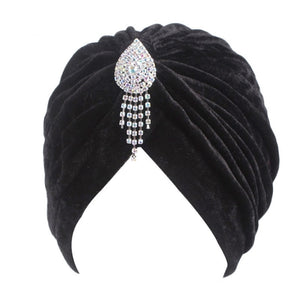 (FR) 1920s Women's Ruffle Turban Hat Glitter Pleated Stretch Head Wraps Chemo Cap with Detachable Crystal Brooch