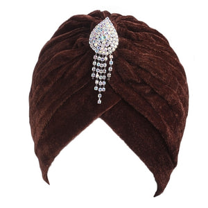 (FR) 1920s Women's Ruffle Turban Hat Glitter Pleated Stretch Head Wraps Chemo Cap with Detachable Crystal Brooch