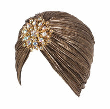 Load image into Gallery viewer, (FR) 1920s Women&#39;s Ruffle Turban Hat Glitter Pleated Stretch Head Wraps Chemo Cap with Detachable Crystal Brooch