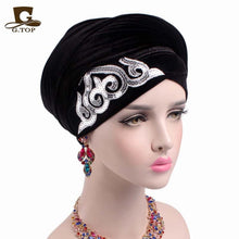 Load image into Gallery viewer, New fashion women gorgeous Embellished sequined Velvet Turban Long Head Wraps women luxury Hijab head scarf turbante
