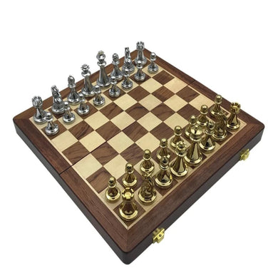 Quality Wooden Folding Chessboard Retro Metal Alloy Chess Game Set *30x30cm
