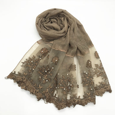 1pc Solid color Two-Sides Lace Women foulard hijab Shawl Muslim Scarf Nailed Pearl Plain Stitching Wrap Female Malaysia Hijab