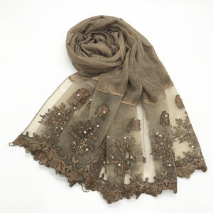 1pc Solid color Two-Sides Lace Women foulard hijab Shawl Muslim Scarf Nailed Pearl Plain Stitching Wrap Female Malaysia Hijab