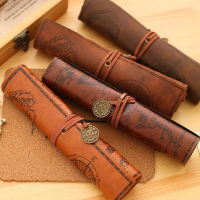 (FR) New Treasure Map Leather PU Retro Pencil bag Cosmetic Bag Roll Pen Bag For Student Gifts Stationery Brush Makeup Supplies